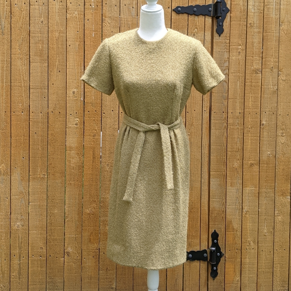 Vintage 1960s Tan Fuzzy Belted Shift Dress